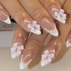 YICKYUE - 24pcs/ box short medium almond nail, pointed nail, pearl white French love heart, press on nails, nail patch,removable nail wear
