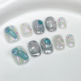 YICKYUE - 10Pcs Cute Short Press On Nails INS Colorful Dot Cat Eye False Nails 3D Charm Silvery Fake Nails Full Cover Fake Nail Tips Art
