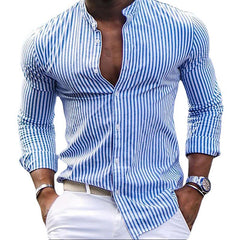 Hearujoy Fashion Men's Striped Shirt Spring Autumn Long Sleeve Stand Neck Oversize Loose Tops Casual Youth Shirts Clothing For Mens