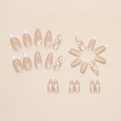 YICKYUE 24Pcs French Flowers Press on Nails Korean Sweet Style False Toenail Patches Wearable Full Cover Almond Artificial Nail Tips
