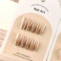 YICKYUE - Handmade Wearable Press on Nails 10/pack Size Different Gilt Lines French Simple Coffee Brown Gradient Long Fake Nail Free Toolk