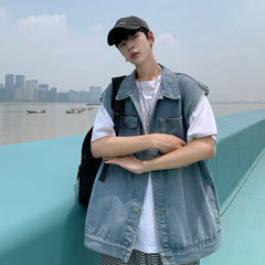 YICKYUE - Blue Denim Vest Men's Fashion Vintage Pocket Vest Men Japanese Streetwear Hip-hop Loose Sleeveless Jackets Mens Denim Jacket