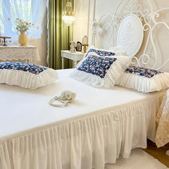 YICKYUE - 100% Cotton Chiffon Lace Princess Bedding Set Korean Style Floral Printed Duvet Cover Bedspresd Bed skirt Pillowcases