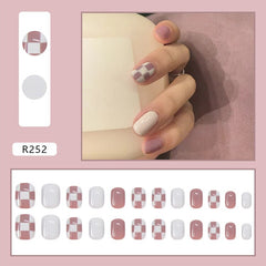 24 Pcs Autumn Khaki Plaid Acrylic Ballet Fake Nails With Glue Korean Cute Press On False Nail Tips Tools For Manicure Decoration