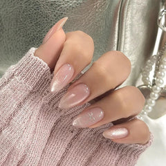 YICKYUE 24Pcs Pink Almond Press-On Nails Glossy Sweety Heart Patterns False Nail Tips with Cat Eye, Mirror Disign for Women&Girls Wear