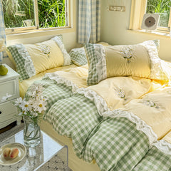 YICKYUE - Fresh Korean Floral Ruffled Bedding Set – 100% Cotton 4-Piece