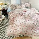 Yickyue Fresh Flower 4pcs Bedding Sets Skin-Friendly Soft Comforter Bedding Sets Bed Sheets Pillowcases Duvet Cover with Lace for Girls