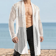 Hearujoy Sexy Hollow Out Loose Cardigan Shawl Mens Spring Summer Long Sleeve Beach Shirts Mesh Perspective Long Coat Cloak Streetwear