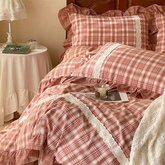 YICKYUE - Red Tartan Plaid Ruffle Bedding Set