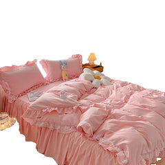 Yickyue New Korean Princess Style Bedding Set For Girls Solid Color Exquisite Ruffle Lace Pink Bed Skirt Duvet Cover Queen Pillow Case