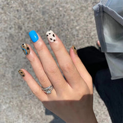BLUE and brown color False Nails with glue Short Full Nail Tips clear nude glitter Hybrid nail girls artificial finger nail