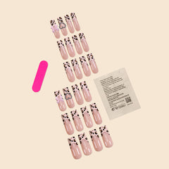 YICKYUE - Luxury Ladies 24Pcs/Set Super Long Square French Leopard Print Pink Bow Heart Decoration Wearable Fake Nail Press on Nail Art