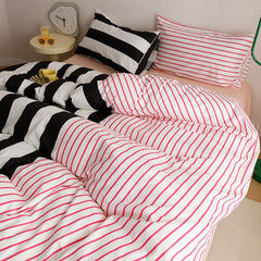YICKYUE - 100% Cotton Bedding Set Cute Cartoon Simple Striped Cat Bed 4pcs Set Dormitory Bed Sheets Duvet Covers Pillows Home Decoration