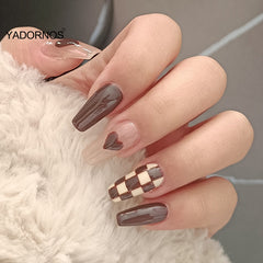 24pcs Nails Free Shipping Long Brown Press On Nails Cute Checkerboard Design Fake Nails Full Coverage Artificial For Women