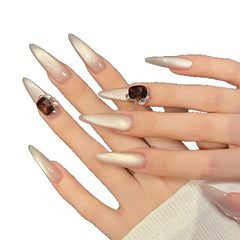 YICKYUE - 10pcs Handmade Long Press on Nails Glitter Cat Eye Rhinestone Design Fake Nails Wearable Reusable Fake Nail Tips For Women