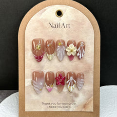 YICKYUE - 10pcs Handmade Press on Nails Sweet Aurora 3D Mermaid False Nail with Pearl Flowers Decor Wearable French Almond Fake Nail Tips