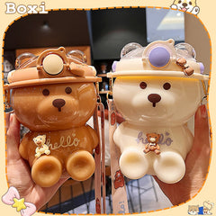 1000 ML Kawaii Bear Kids Straw Water Bottle For Girls Portable Strap Large Plastic Bottles BPA Free School Drinking Water Cup
