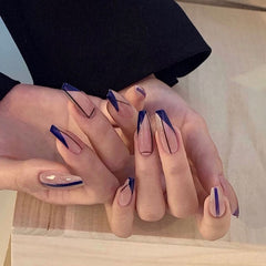24 Pcs French Ballet White Line False Nails Fashion Geometric Coffin Press On Nails Flame Rose Pattern Nail Art Manicure Tools