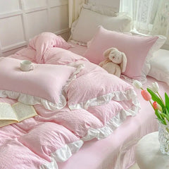Yickyue Korean Princess Style Duvet Cover Set No Filling Pink Blue Soft Washed Cotton Girls Favorite Ruffles Bed Linen Pillowcases