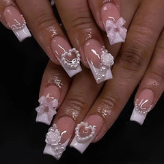YICKYUE - 24Pcs Y2k French False Nails with Designs Lovely Cute Diamond Artificial Nails 3D Wave Pearl Bow Full Cover Nail Tips with Glue
