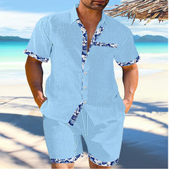 Hearujoy Summer Mens Cotton Linen Two Piece Set Contrast Color Short Sleeve Lapel Shirts And Shorts Loose Suits Hawaiian Beach Outfits