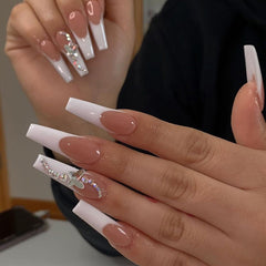 Detachable Butterfly Rhinestone Ballerina False Nails Wearable Long Coffin Fake Nails Full Cover Nail Tips With Glue 24pcs/Box