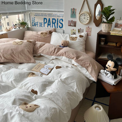 YICKYUE - White Green Bear Bedding Set Duvet Cover Queen Full Twin Size Bed Flat Sheet Kids Girls Room Decor Quilt Cover Pillowcase Kawaii