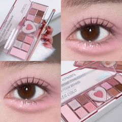 YICKYUE - 12 Colors Pink Eyeshadow Palette Pearly Matte Glitter Highly Pigmented Rouge Tray Brightening Love Heart Eyes Makeup Tools