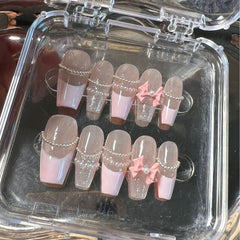 YICKYUE - 10pcs New Handmade False Nails French Pink Bow Pearl Fake Nail Patches Wearable Detachable Lovely Ballet Lady Press on Nails