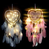 Heart Dream Catcher Boho Home Decor White Pink Feather Beaded Dreamcatcher with Lights Christmas Decoration Girl Nursery Decor