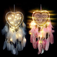 Heart Dream Catcher Boho Home Decor White Pink Feather Beaded Dreamcatcher with Lights Christmas Decoration Girl Nursery Decor