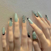 24PCS/Box Artificial Nails With Wearing Tools Green Lines Long Ballet Nail Fake Nail Tips Full Cover Acrylic 2022