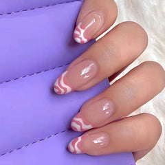 24PCS Fake Nail Pink White Wave Decor Girls Long Paragraph Full Cover Fake Nail Tips Artificial Nails Art Patches TY