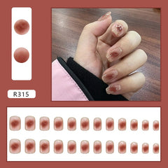 24Pcs/Box Short Ballet Wearable Fake Nails Smudge Blush Press on Square Head Full Cover Detachable Finished Fingernails