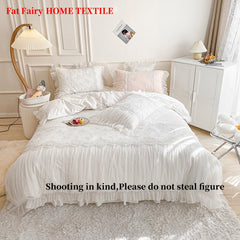 Luxury Pink 100% Cotton Soft Cozy Princess Wedding Bedding Set Lace Embroidery Duvet Cover Bed Sheet Bed Skirt Pillowcases 4Pcs