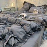 Yickyue Nordic Grey Quilt Cover Korean Prinsess Bow Lace Girl Bedding Sets Simple Solid Color Bedclothes Decor Bedroom