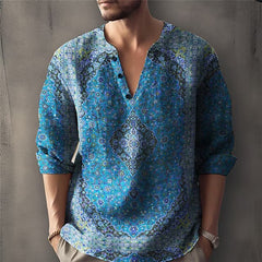 Hearujoy Vintag Flower Print Men's Shirt Spring Autumn Long sleeve V-neck Pullover Tops Fashion 3D Pattern Casual Shirts Streetwear