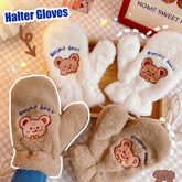 Girls Plush Gloves Winter Warmer Embroidered Bear Student Gloves Cute Plus Velvet Cycling Hanging Neck Gloves