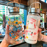 Yickyue 1000ml Fashion Graffiti Glass Water Bottle Adult Sport Large Capacity Transparent Space Cup Portable Tea Strainer Filter Bottles
