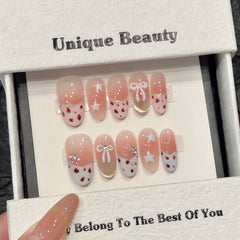 YICKYUE - 10pcs Handmade French Press on Nails Sweet Cute Pink Bow Decor Fake Nails Wearable Glitter Sweet Cool Girls False Nail Tips