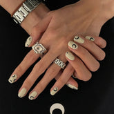 24pcs Short Moon False Nails with Glue Gold Leaf Wave Line Fake Nail Detachable 2022 New Press On Nail Tips Decoration