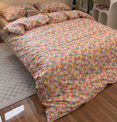 YICKYUE - Vintage flower tulip pink yellow green bedding set,twin full queen king cotton home textile bed sheet pillow case quilt cover