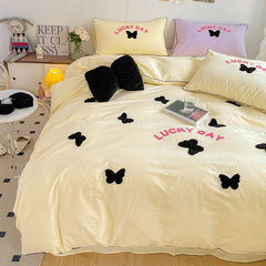 Yickyue Korea Ins Yellow Bedding Set With Black Butterfly Soft Wash Cotton Quilt Cover Bed Sheet Girls Kids Decor Home Textiles