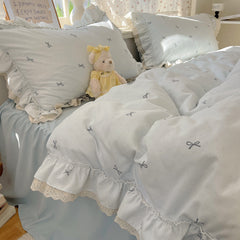 YICKYUE - Princess Lace Bedding Set - Korean Style 4PC Double-Layer Gauze with Floral Embroidery