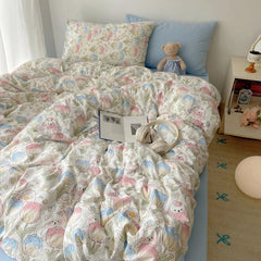 YICKYUE - Korean Style Cute Bedding Set For Girls Bed Linen New Skin Friendly Fresh Flora Printed Washed Cotton Duvet Cover Set