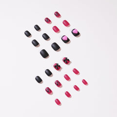 Dark Red Short False Nails Artificial Black Bow Heart Design Fingernails Sweet Pearl Fake Nail Press On Nails Tips Art