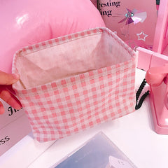 W&G Korean Girl's Heart Lovely Pink Lattice Storage Basket Cosmetic Storage Basket Desktop Folding Storage Sundries Sorting Box