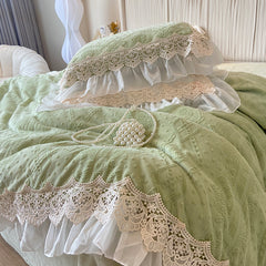 YICKYUE - 4Pcs Vintage Carved Velvet Lace Ruffles Princess Wedding Bedding Set Queen King Duvet Cover Set Fitted/Flat Sheet Pillowcases