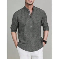 Hearujoy Retro Men Cotton Linen Shirt Grey Long Sleeved Stand Collar Pullover Tops Spring Autumn Fashion Casual Loose Oversized Shirts
