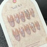 YICKYUE - 10Pcs Pink Handmade Press on Nails Full Cover Bow Tie Rhinestone Design French Fake Nails Wearable Manicure Nail Tips Art